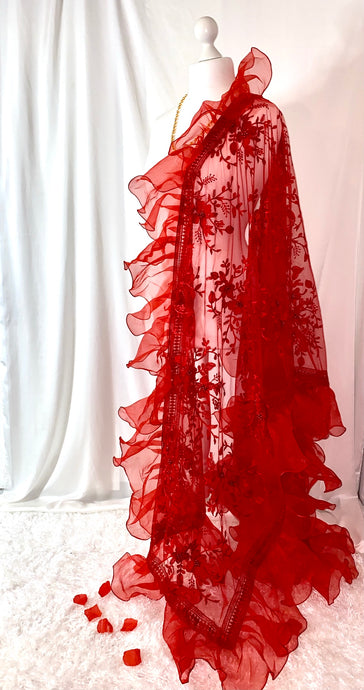 The Fariya Scarf in Red - In Net with Organza frills