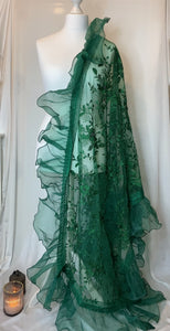 The Fariya Scarf in Green- In Net with Organza frills